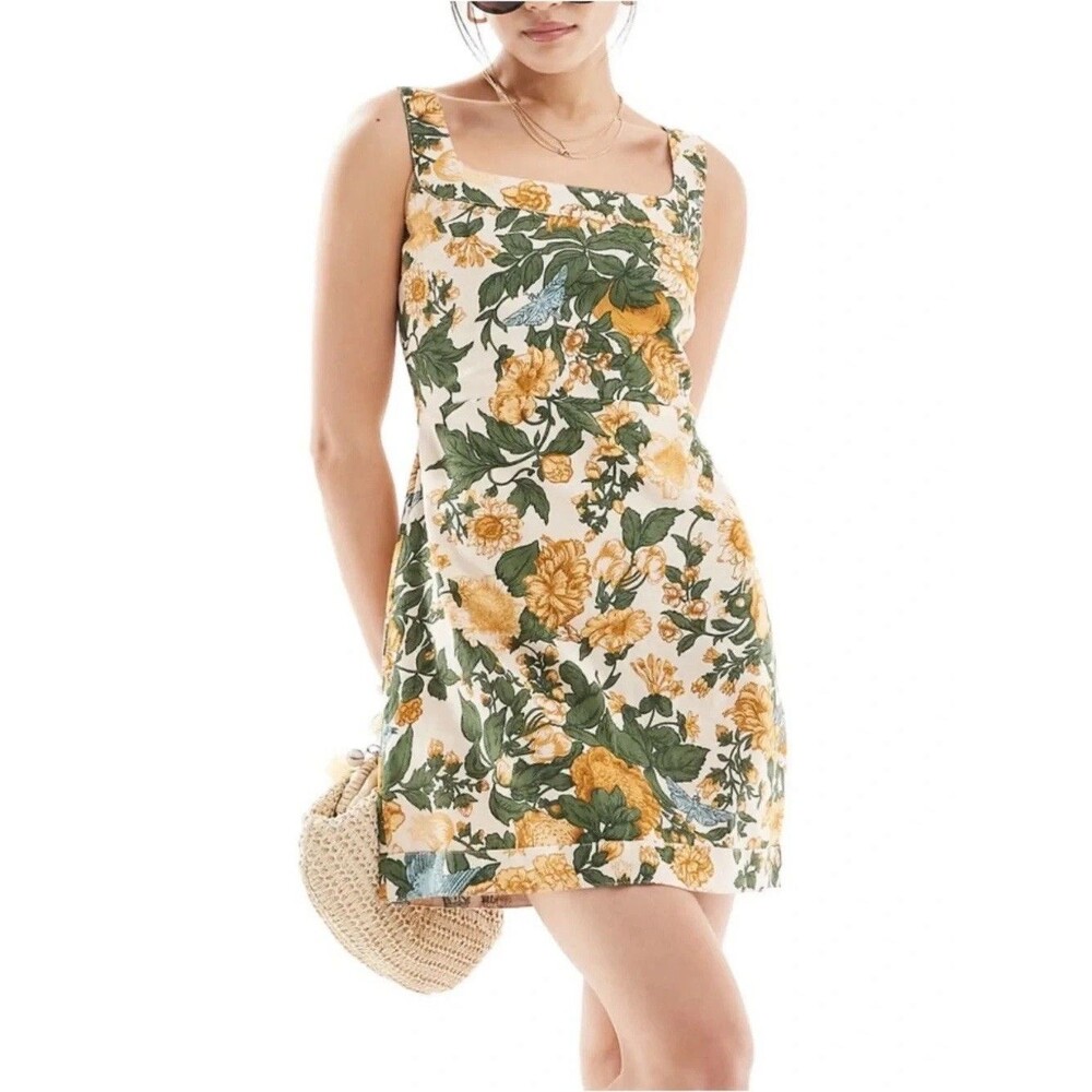 Abercrombie & Fitch Linen Blend Floral Mini Dress Square Neck LP